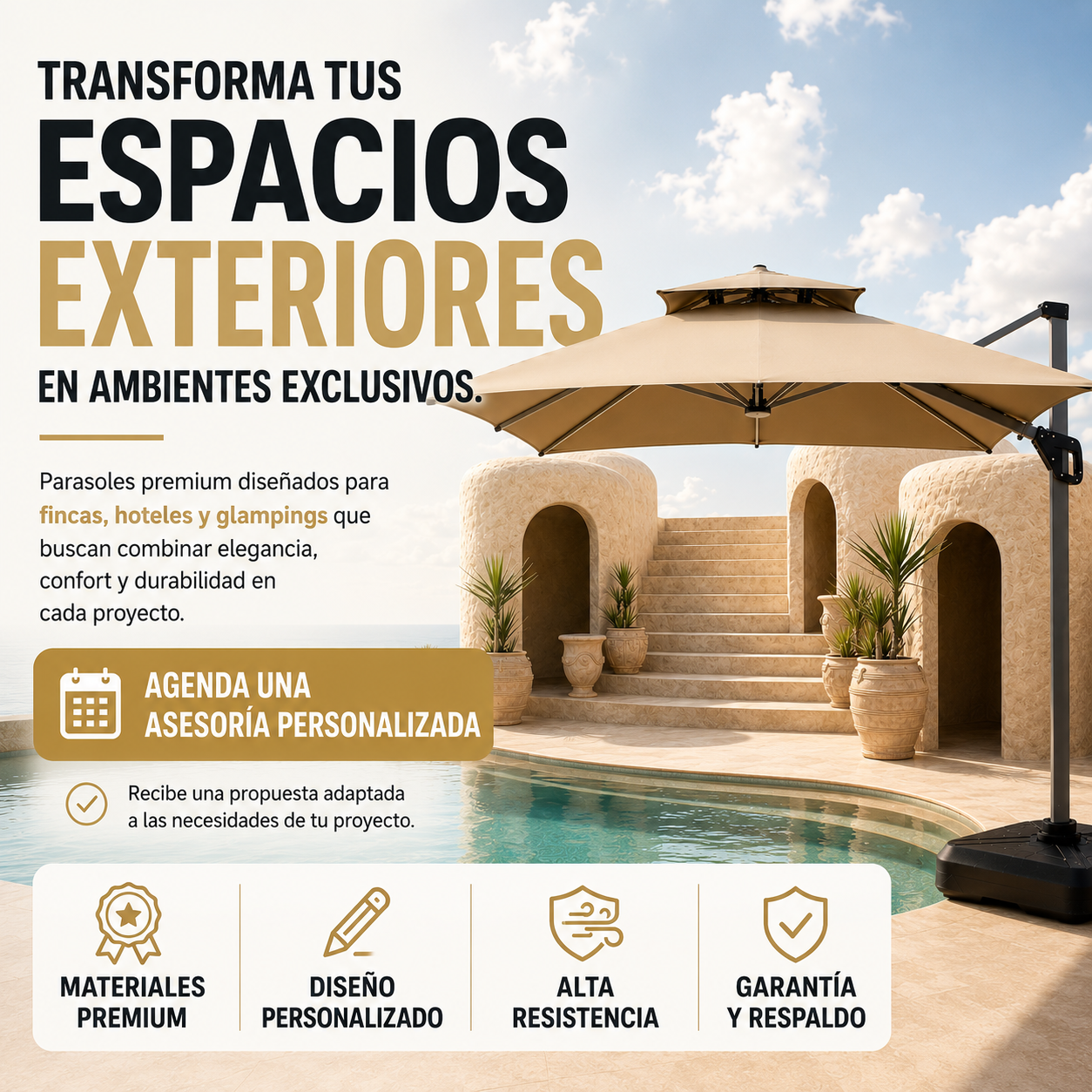 PARASOL DE EXTERIOR CON LUZ LED Y PANEL SOLAR